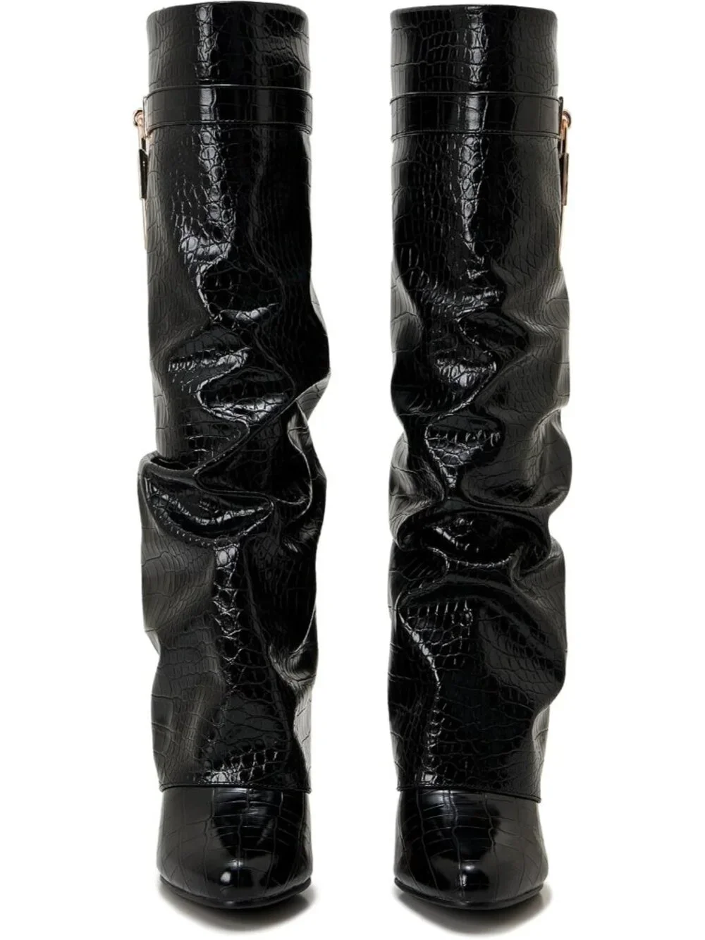 Women's Black Crocodile Pointed Toe Wedge Heel Side Zipper Knee High Shark Boots